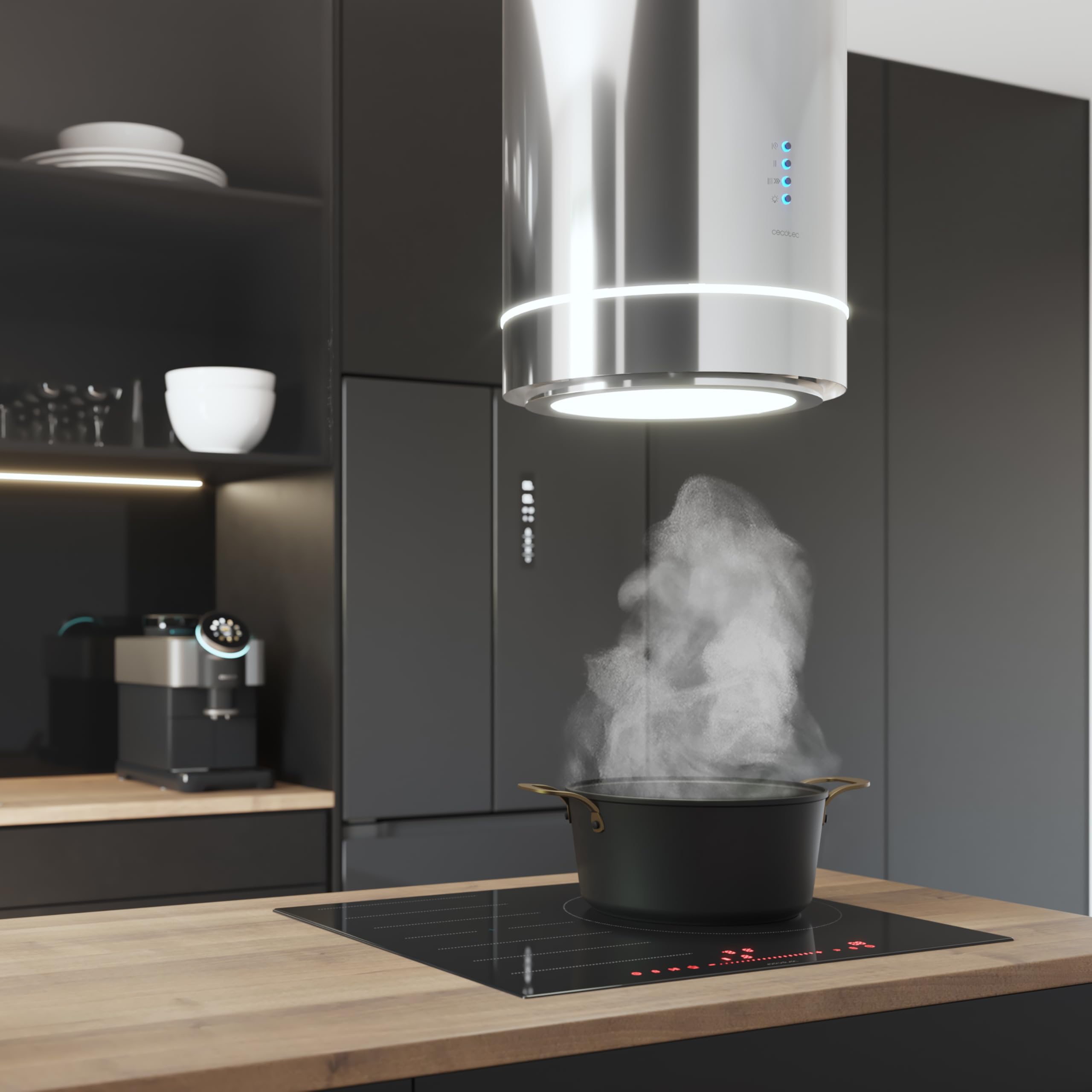Cecotec Cappa Aspirante Isola Rotonda 38cm Bolero Flux Ire 388000 Inox A++. Aspirazione 712m3/h, Motore 210W, Controllo Elettronico, Pannello LED, Filtro Carbone, Design Elegante Inox