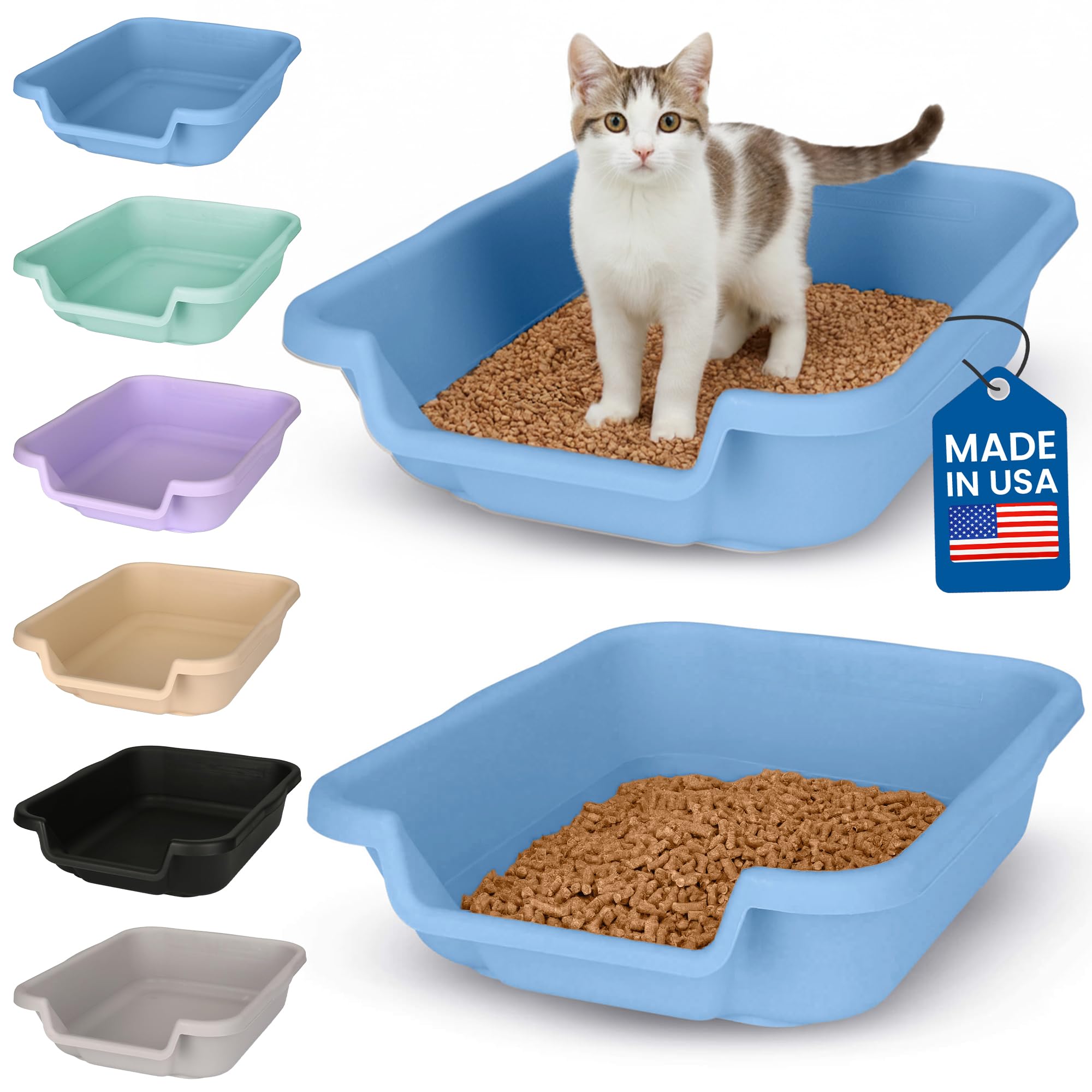KittyGoHere Senior Cat Litter Box, Small Litter pan, Open Top Low Entrance Kitty Litter Box, Lightweight Low Entry Litters Box, Durable, Made in USA (2 Pack - Little Boy Blue)