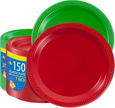 WELLIFE 7 Inch Christmas Plastic Plates- 300 Pcs Disposable Red Green Dessert Plates Cake Plates for Party Appetizers and Salad