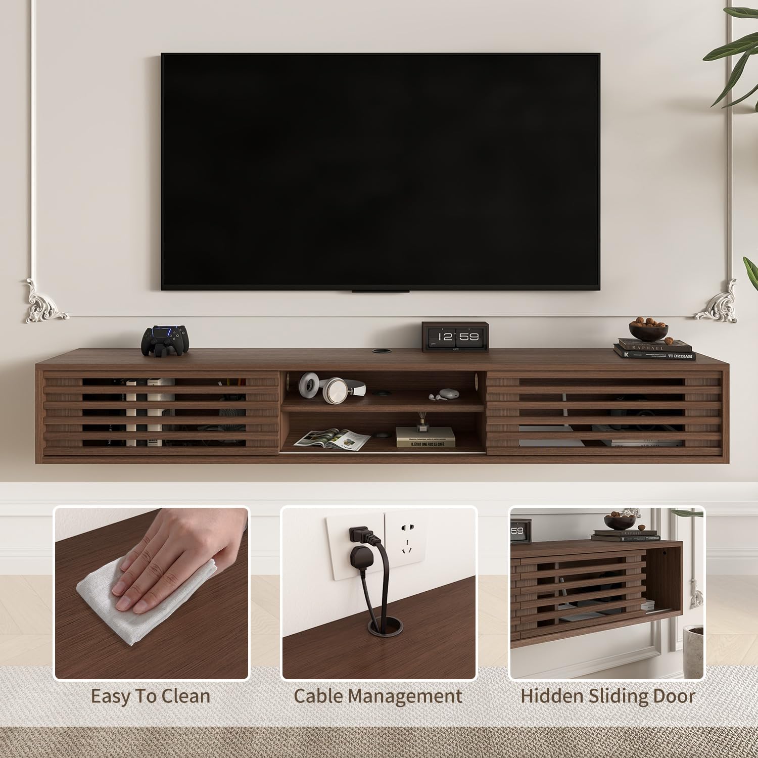 55" Floating TV Stand, Heavy-Duty 11-Layer Plywood Wall Mounted Media Console with Slatted Sliding Doors, Modern Entertainment Center for Bedroom & Small Space, Walnut