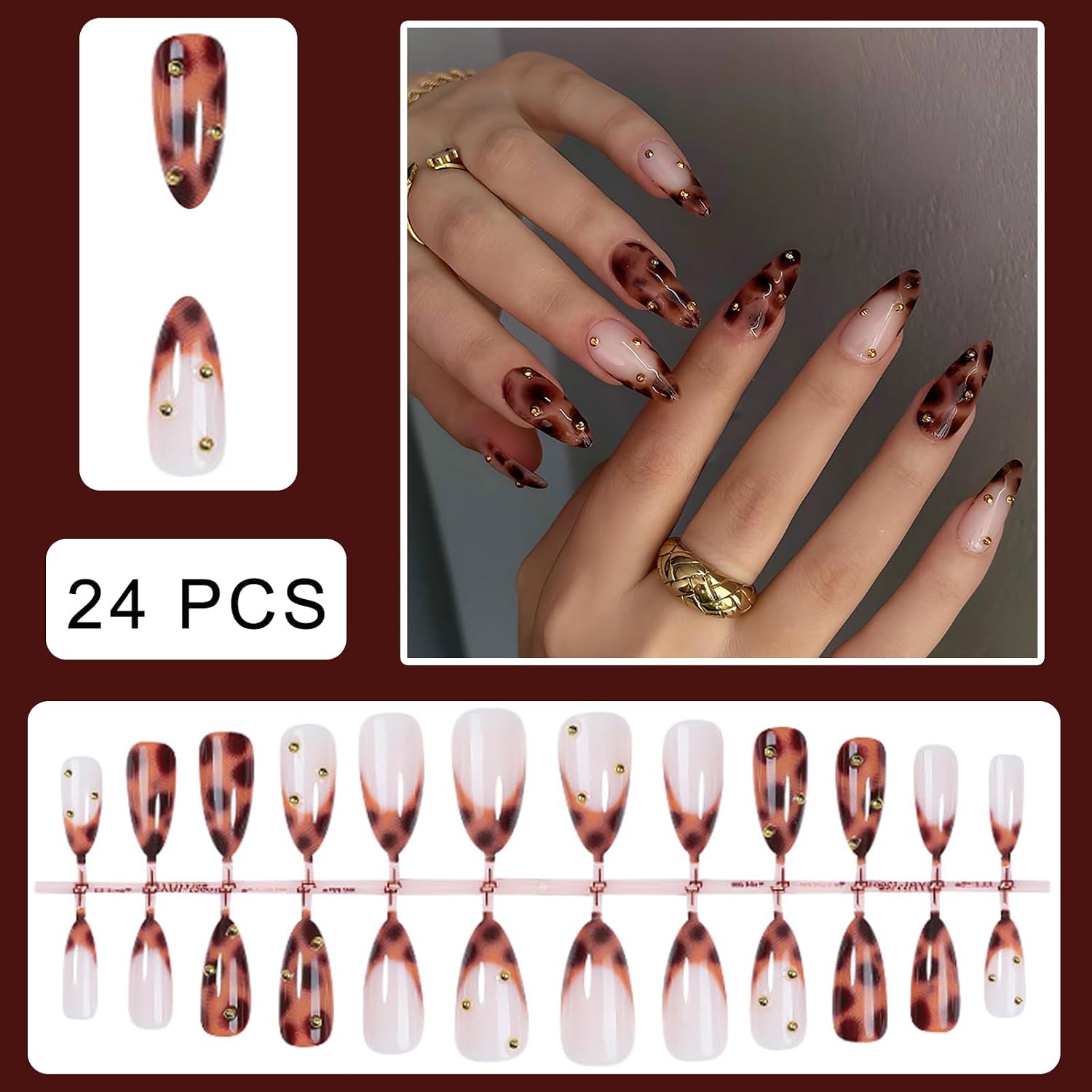 Leopard Print French Tips Press on Nails Long Square Fake Nails Brown Ombre False Nails with Gold Pearls Design Glossy Stick on Nails for Women Girls Manicure Decoration 24pcs