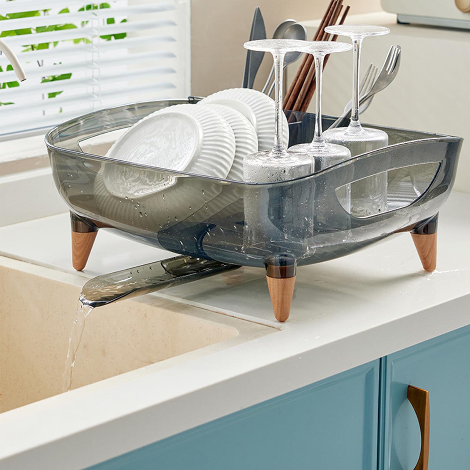 Escurridor de platos para encimera de cocina, escurridor de platos con juego de escurridor y soporte para utensilios, escurridor de platos de secado de fregadero (negro)