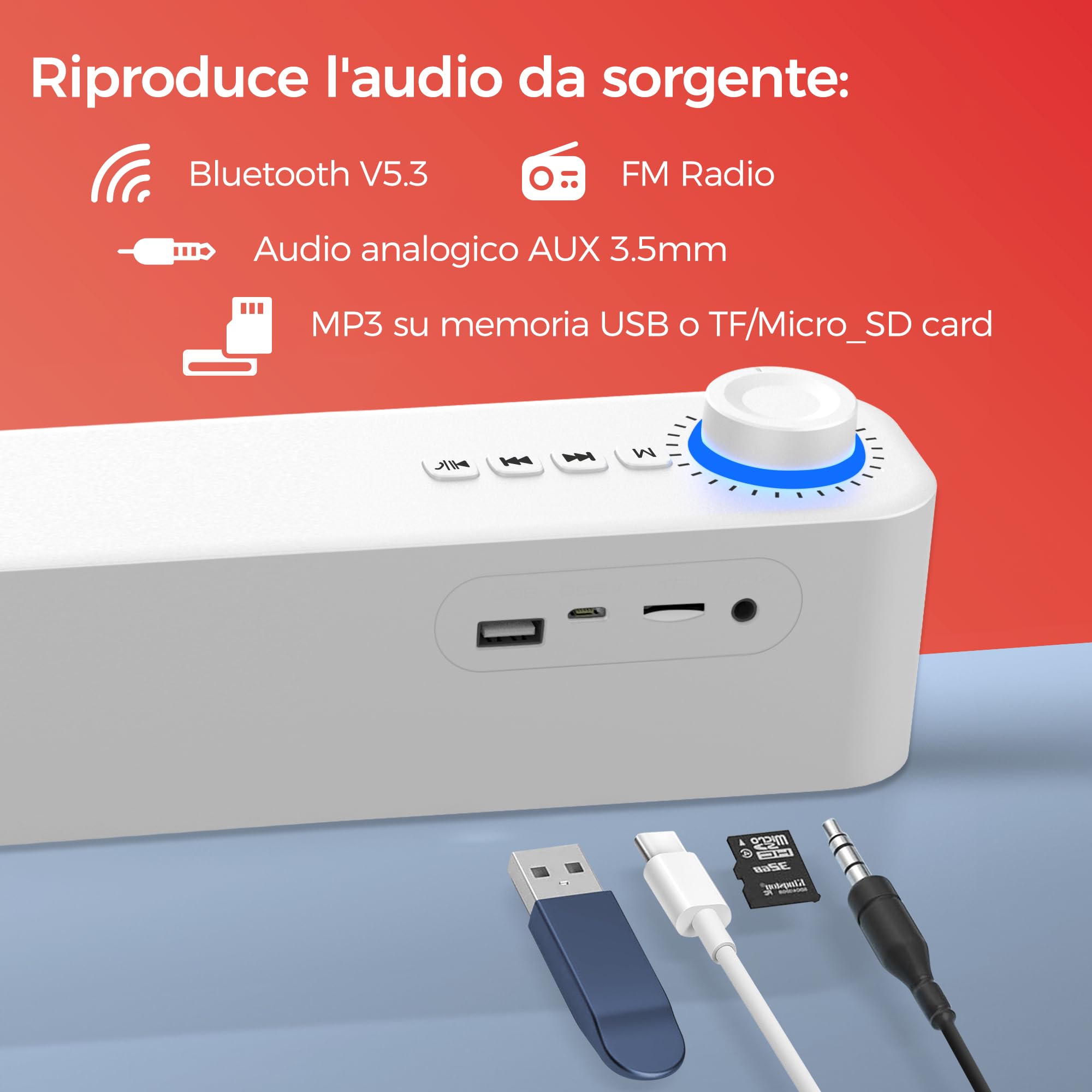 ATLANTIS Soundbar PC 20 W, głośnik PC, Jack 3.5 mm + Bluetooth 5.3 do smartfona, FireTV, gramofonu, odtwarzacza Batt. 2400 mhA, radia FM, głośnika PC, laptopa, TV, smartfona Dim 420 x 60 x 74 mm,