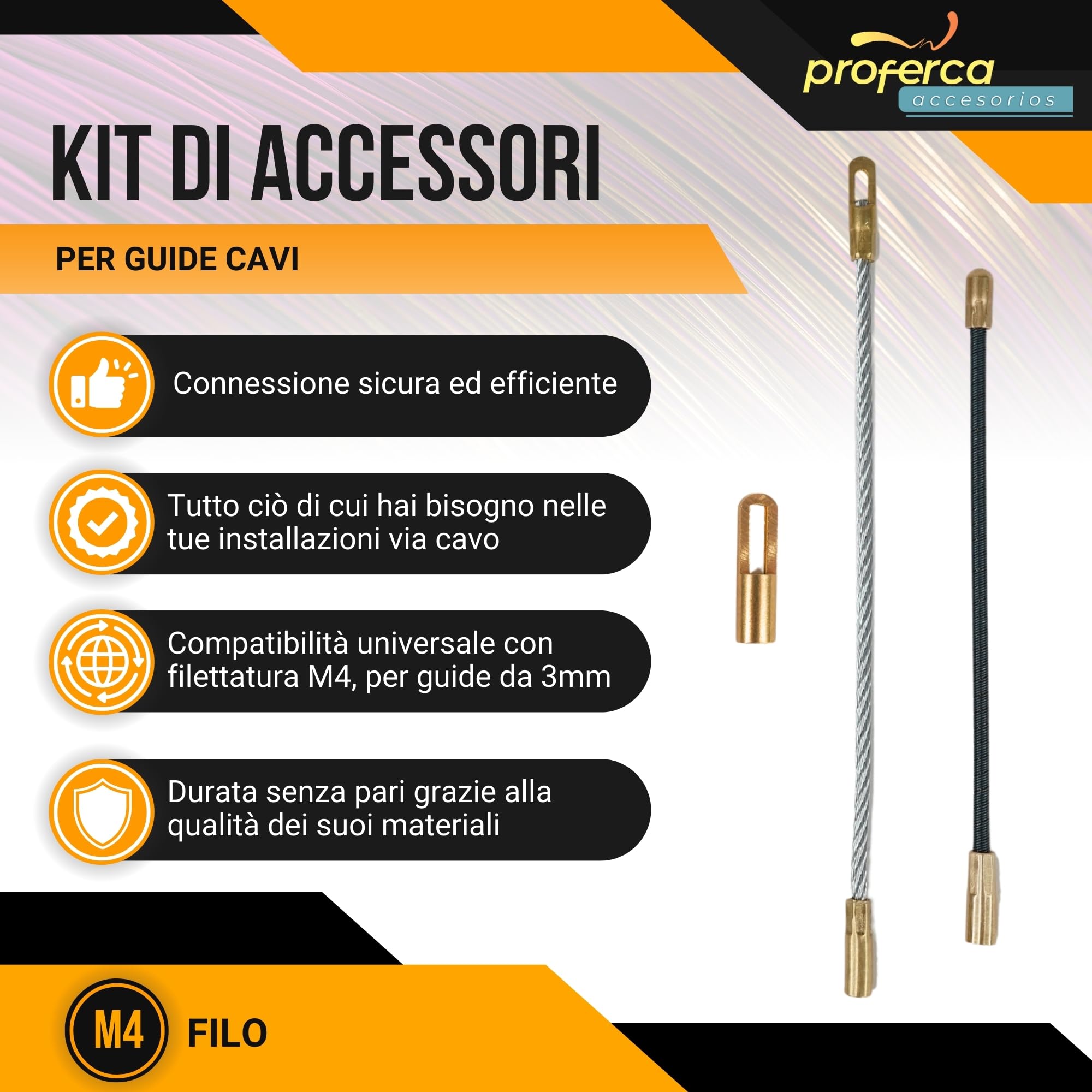 Kit di accessori di ricambio per sonda passacavi 3mm | 1 Occhiello tirante, 2 Testa flessibile | 3mm acciaio M4