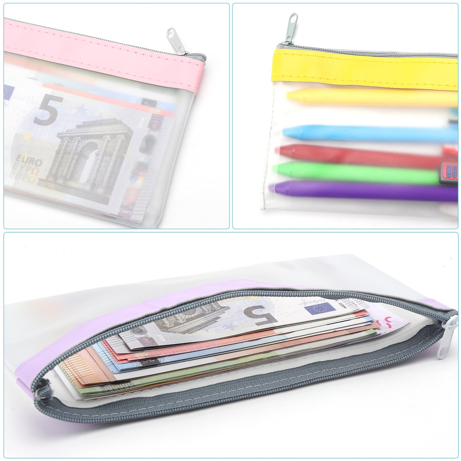 6 Piezas Bolsas de Dinero con Cremallera Bolsa de Dinero Sobres de Efectivo Bolsa de Banco Organizador de Dinero Transparente Organizador de Efectivo Multiusos para Cheques Recibos 19,3 x9,4 cm