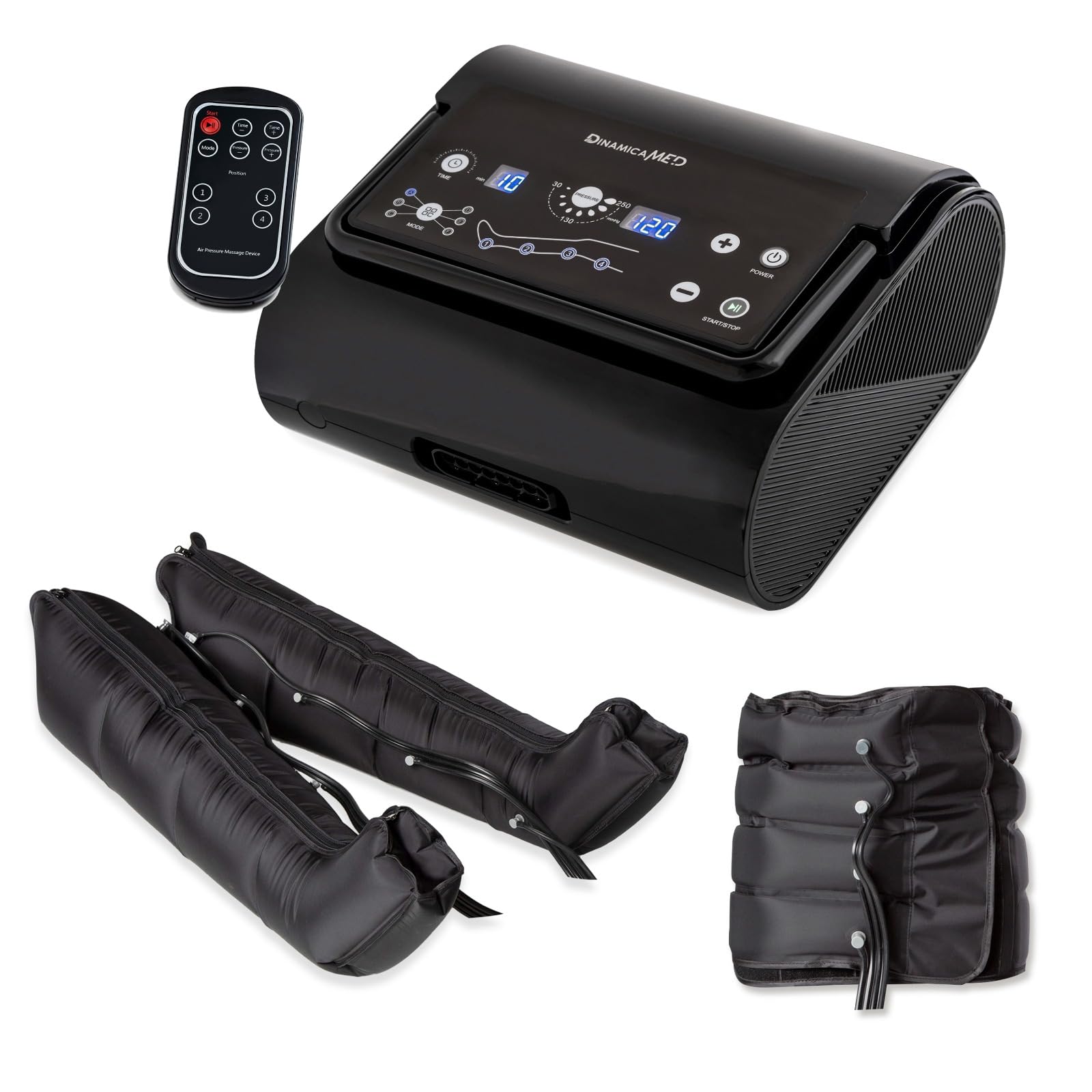 Dinamicamed ® Premium 4.0 Pressoterapia Linfodrenaggio Professionale Digitale Compact, Pressoterapia per Casa con 6 Programmi, Massaggio Linfodrenante a 4 Camere con Gambali XL e Fascia Addome