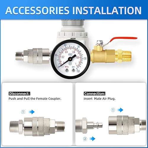 Miniatura 4 de MEANLIN MEASURE Regulador de compresor de aire NPT de 14 pulgadas con manómetro, regulador de calibre de aire AR2000 de 0-150 PSI en línea para