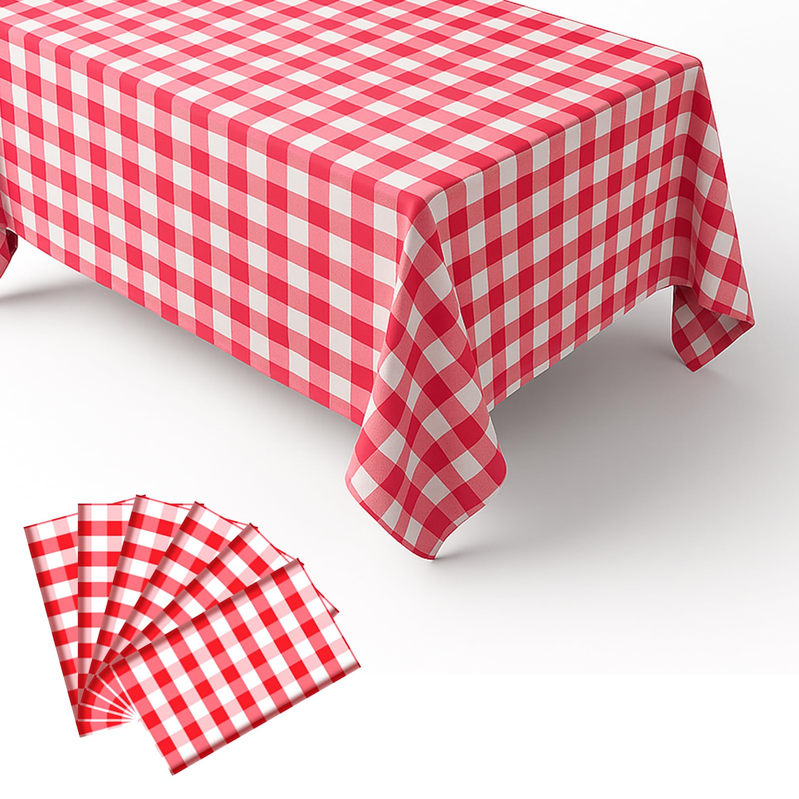 6 Packs Gingham Tablecloth Red and White Checkered Tablecloths 54 x 108 Inches Disposable Plastic Gingham Tablecovers Waterproof Rectangle Picnic Table Covers for Birthday Party Supplies