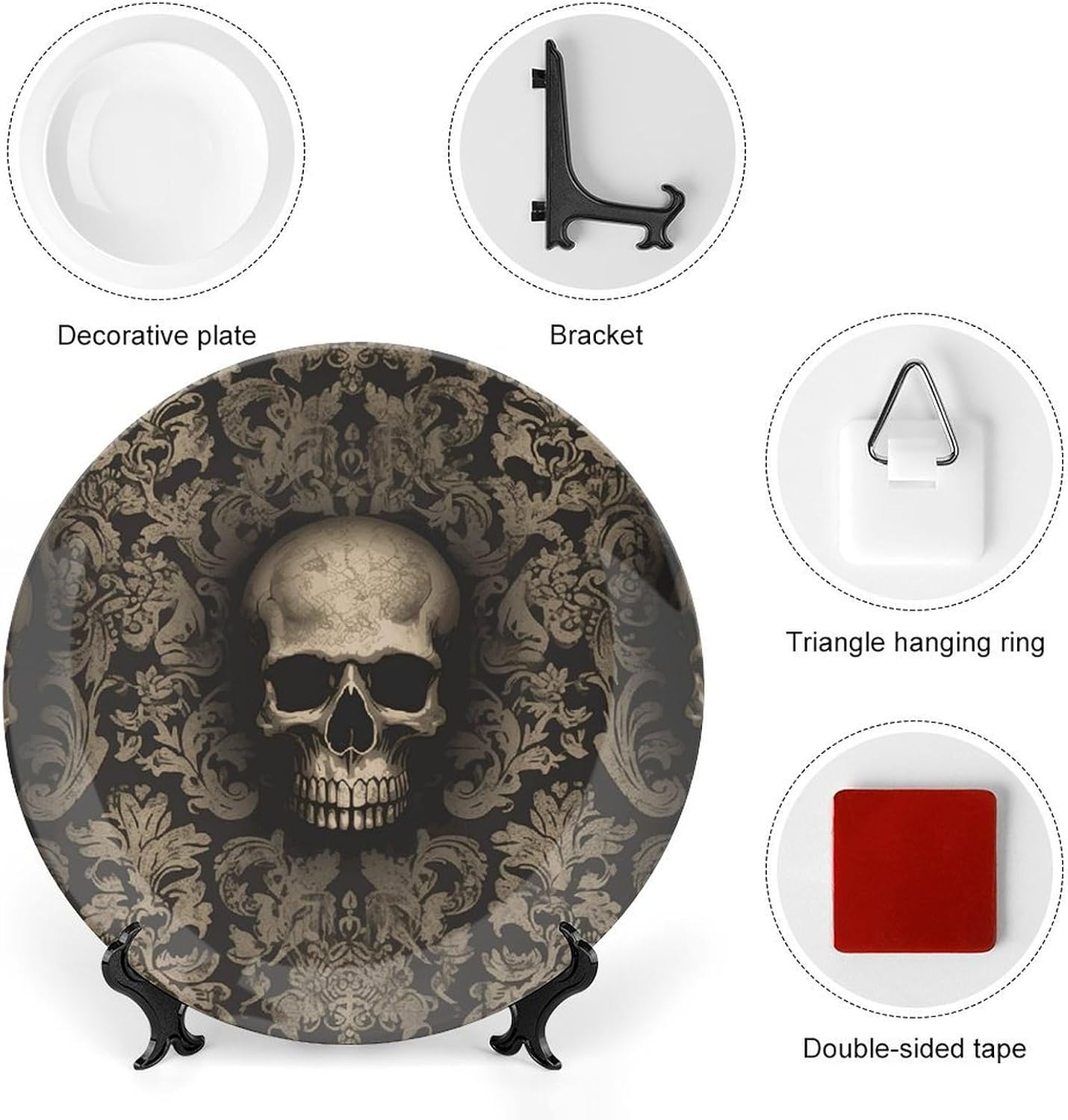 10 in Bone China Decorative Plate Set with Display Stand Porcelain Gothic Wallpaper Skull Dinner Plates for Wall Hanging Home Office Collections Ceramic Ornaments No Drill Wall Mount Kit Included image 3
