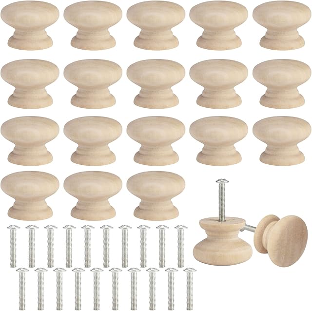 MSKS 20 PCS Wood Cabinet Knobs Set with Screws | Premium Mushroom Round Shaped Natural Wooden Pull Handle 35mm/1.37in for Home Kitchen Office Door Drawer Cupboard Wardrobe Furniture