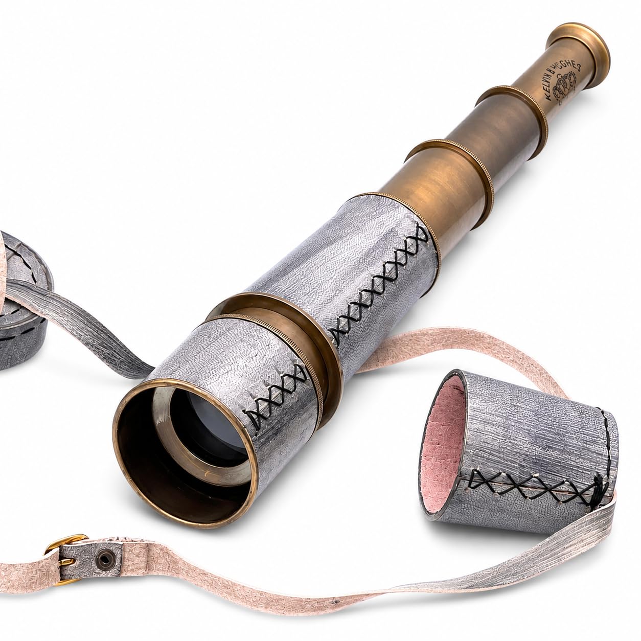 Antique Decorative Vintage Spyglass Telescope for Education Museum Leather Lens Cap Collectible Finish Royal Ship Sailor Marine Instrument Grey
