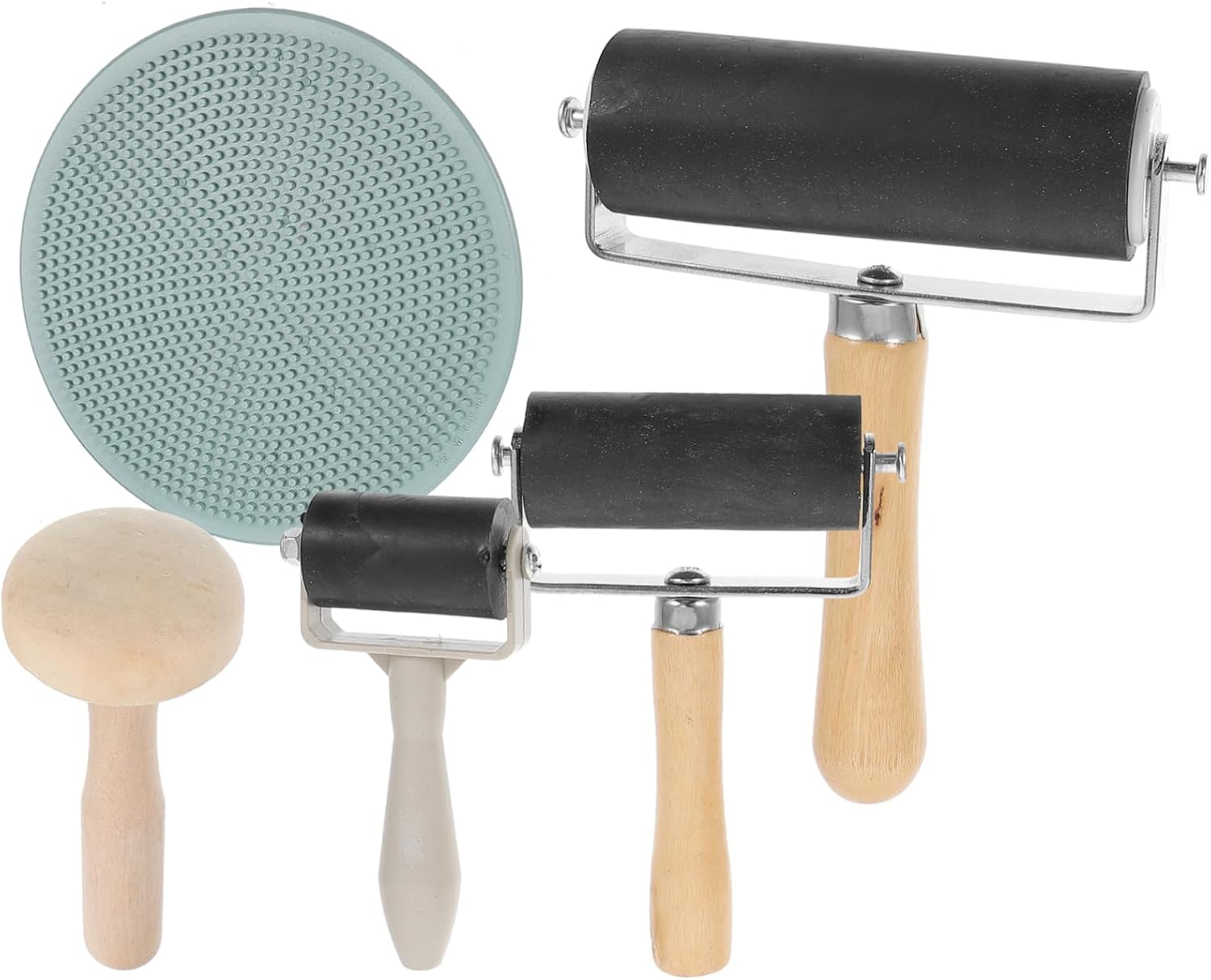 HOMSFOU 5-Piece Printmaking Roller Set Wooden Handle 10cm Glue Rollers for Crafting and Art Projects for Schools and DIY Printmaking Supplies