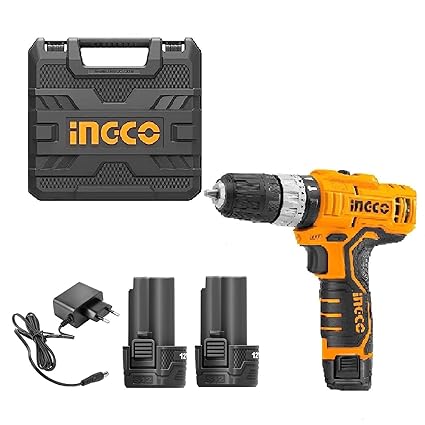 INGCO Cordless Impact Drill, 12V Lithium-ion Impact Drill | 20NM | 2-speed Gear | 400/0-1500rpm | 0.8-10mm Chuck Capacity 18+1+1 Torque Setting LED Power Tool Kit With 2pcs 1.5Ah Battery, 4pcs Bits for Home/DIY, Orange,Black