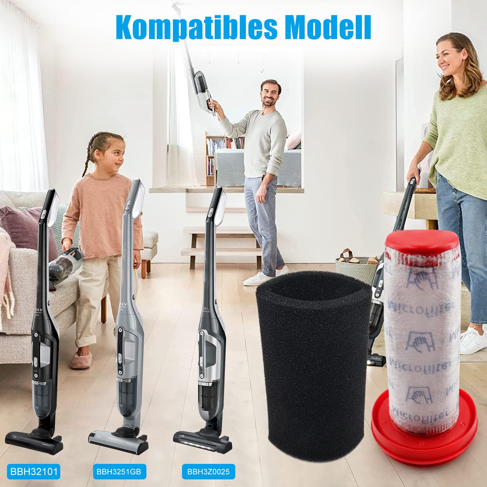 3Pcs Filter Replacement For Bosch 25.2V Cordless Flexxo Vacuum Cleaner No. 12026520