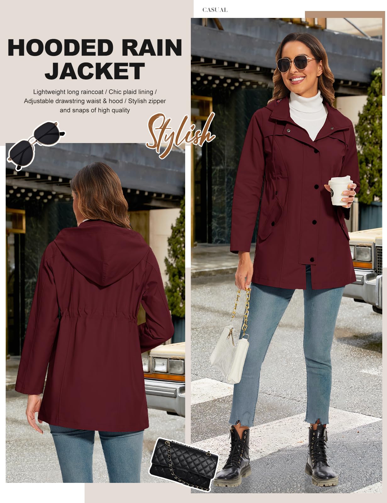 UMIPUBO Imperméables Vestes pour Femme Manteau à Capuche Impermeable Imperméable Longue Coupe-Vent Zip Poncho d'Extérieur Coupe Vent Veste de Pluie Printemps Automne