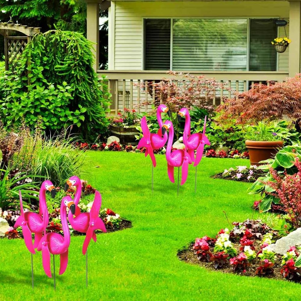 Fun Express Mini Pink Flamingos Yard Ornaments Set of 6 - Wind Spinners Outdoor with Twirling Wings | Flamingo Decor Gifts for Women | Tropical Luau Pool Garden Party Decorations for Lawn & Patio