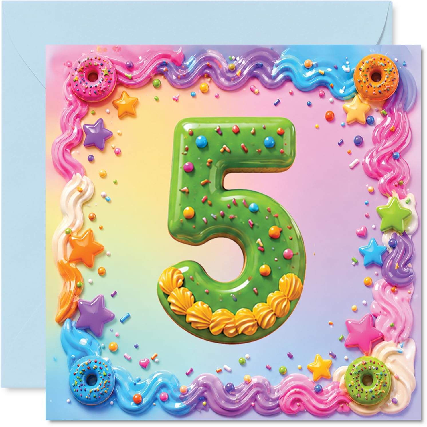 Playful 5th Birthday Card - Sprinkle-tastic Celebration - Colourful Doughnuts, Stars and a Giant Number 5 - Bursting with Birthday Fun - 145mm Square, Envelope Included