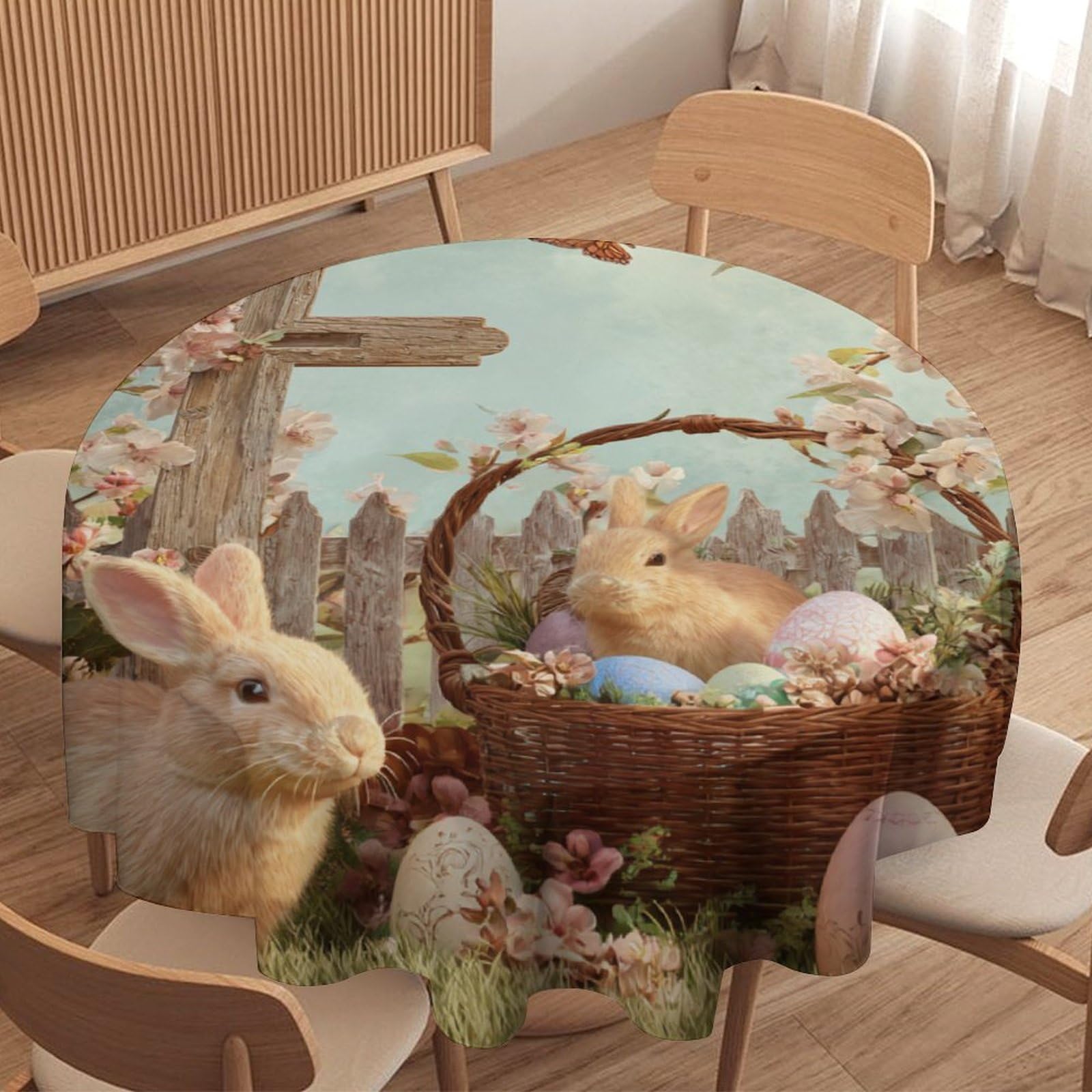LUYYSKY Beautiful Funny Spring Garden Print Waterproof Round Tablecloth Abstract Watercolor Easter Flowers Colorful Eggs Animal Rabbit Washable Table Cover for Kitchen-127 Wx127 L cm