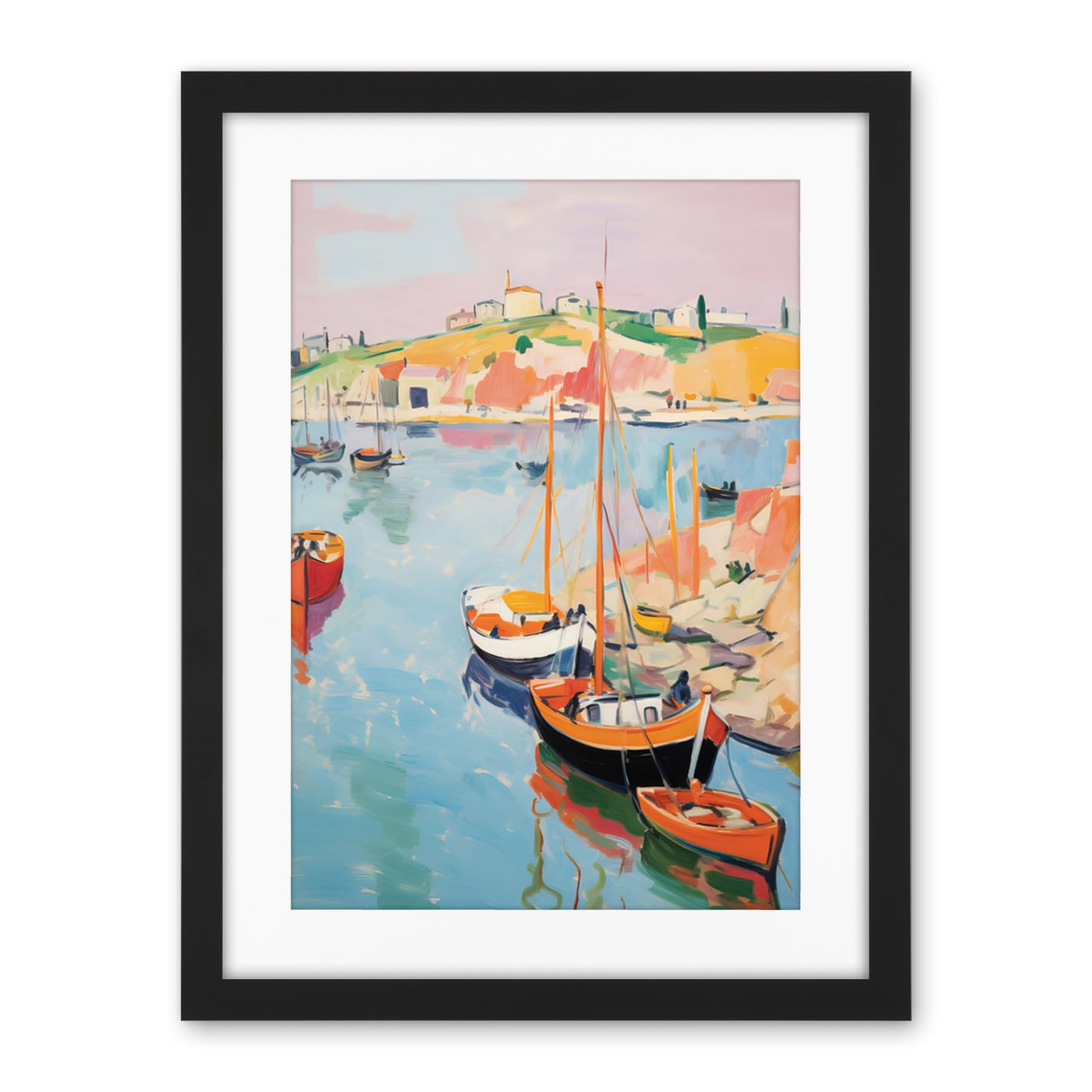 Artery8 Boats in Harbour Fishing Village Coastal Landscape Colourful Abstract Watercolour Painting Artwork Framed Wall Art Print 18X24 Inch