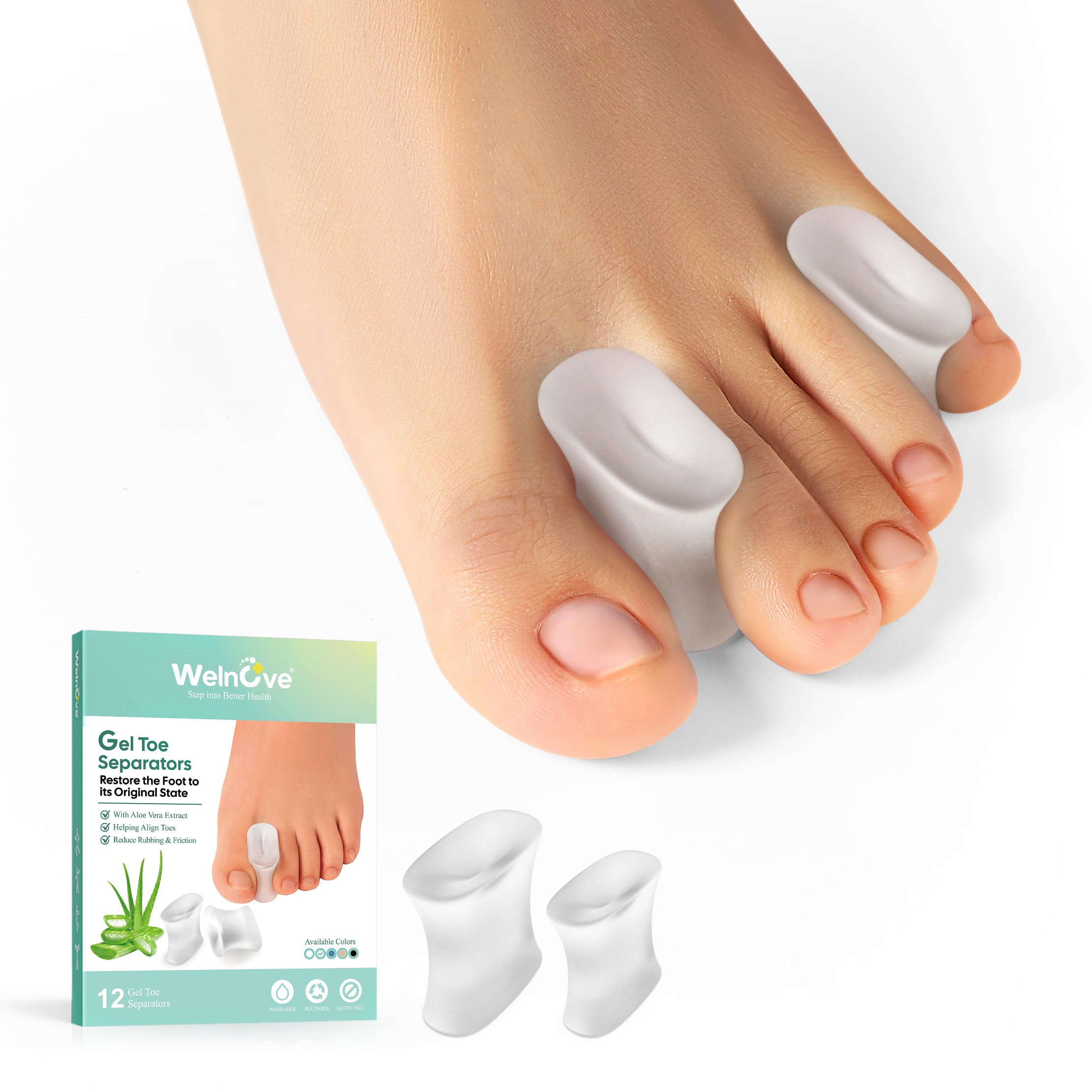 Welnove Upgraded Gel Toe Separators – 12-Pack Aloe Vera Extract Infused Silicone Toe Spacers for Straightening Overlapping Toes, Bunions, Calluses –