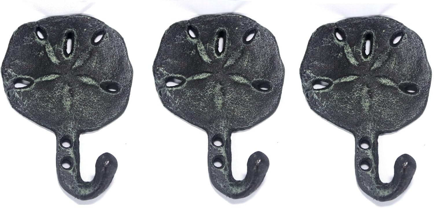 Sand Dollar Shell Wall Hangers Cast Iron Antique Brown - Set of 3 for Coats, Aprons, Hats, Towels, Pot Holders, More