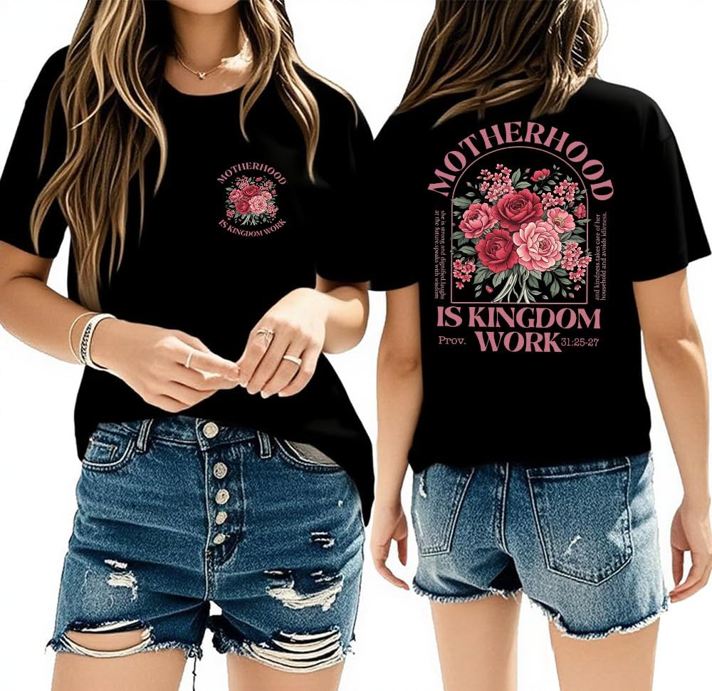 Christian Shirts for Women Motherhood is Kingdom Work Shirt Boho Floral Christian Casual Graphic Tee - Image 3