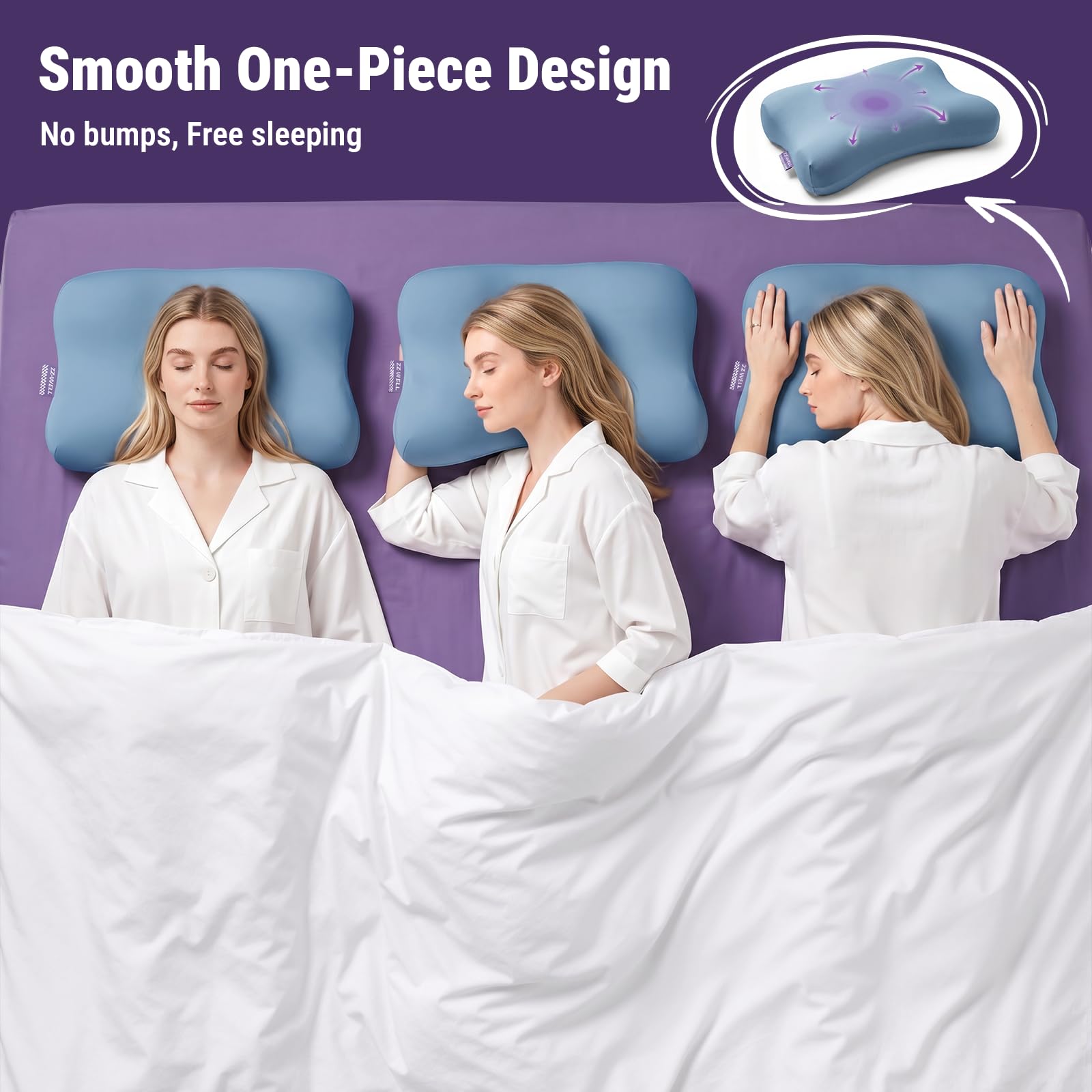 ZZ-WELL Cuscino rinfrescante per dormire, ergonomico, curvo, morbido, per dormire, in memory foam, per dolori al collo e alle spalle, con fodera lavabile in lavatrice (blu)