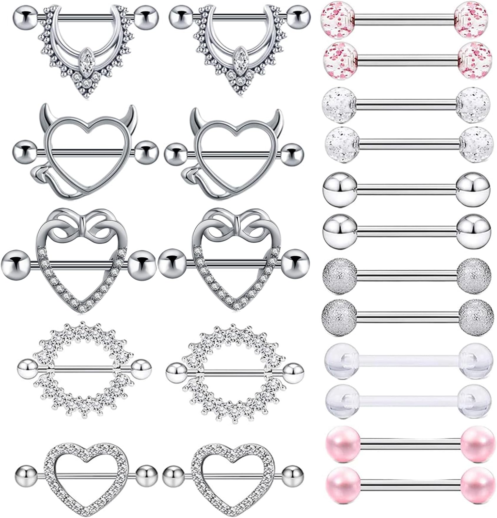 11 Pairs Stainless Steel 14G Nipple Rings Nipplerings CZ Heart Tongue Shield Barbell Rings Retainer Body Piercing Jewelry for Women 9/16Inch