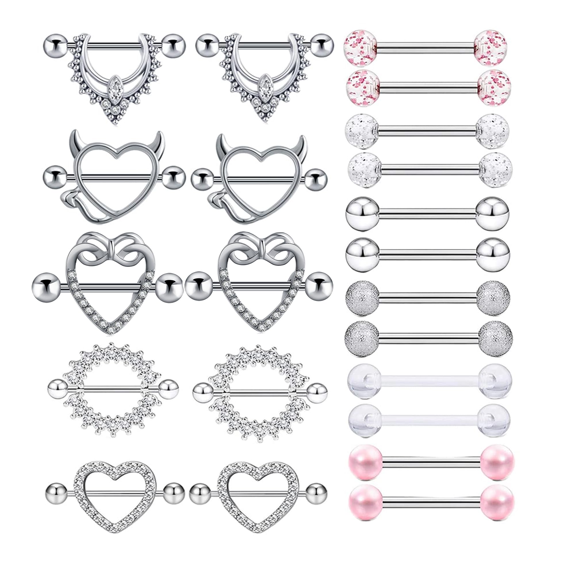 11 Pairs Stainless Steel 14G Nipple Rings Nipplerings CZ Heart Tongue Shield Barbell Rings Retainer Body Piercing Jewelry for Women 9/16Inch