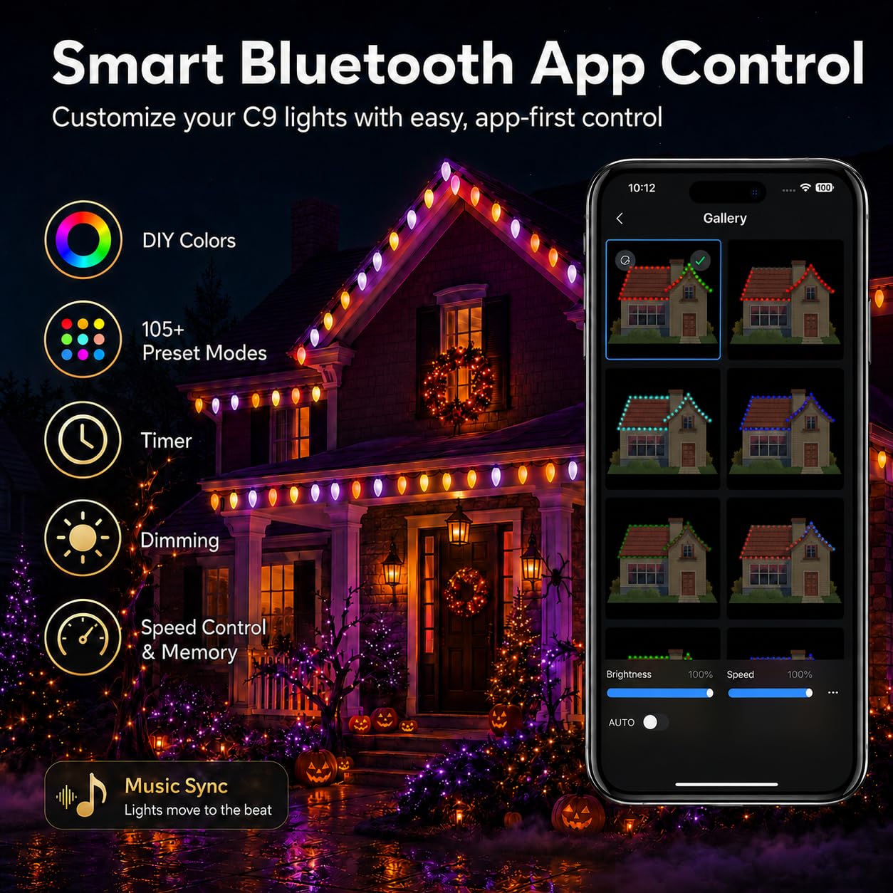 Probro Smart C9 - Luci natalizie a LED per esterni, 25 m, 150 LED, stile vintage, con telecomando, 105+ modalità, impermeabilità IP65, collegabili, sincronizzazione musicale per albero di Natale