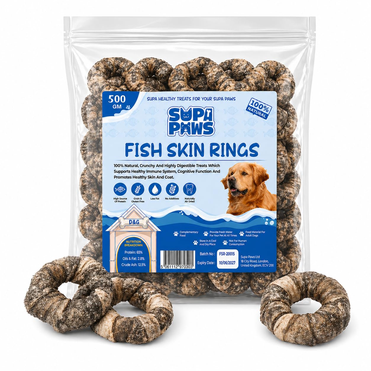 Supa Paws 500g Fish Skin Rings for Dogs 100% Natural White Fish Skin Jerky Rings Dog Treat, Hypoallergenic Dog Food & Grain Free Dog Chews, Dental Pet Treat, High Protein Dog Snacks