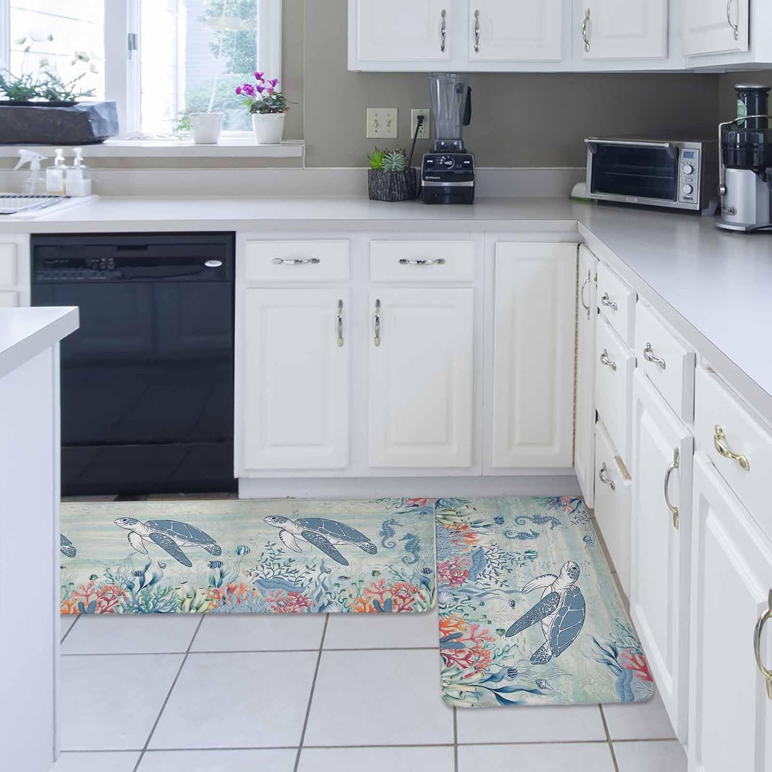 Teal Coastal Turtle Kitchen Rugs and Mats Set of 2, Non-Slip Kitchen Sink Mat, Beach Nautical Ocean Coral Seahorse Washable Doormat Bathroom Rugs Runner for Bedroom/Living Room 17.7"x30"+17.7"x47.2"