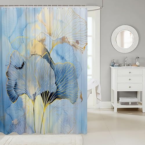 Miniatura 2 de Castle Fairy Cortinas de ducha de hojas de ginkgo, moderna cortina de baño azul fluida de mármol, hojas doradas de lujo, juego de decoración de baño