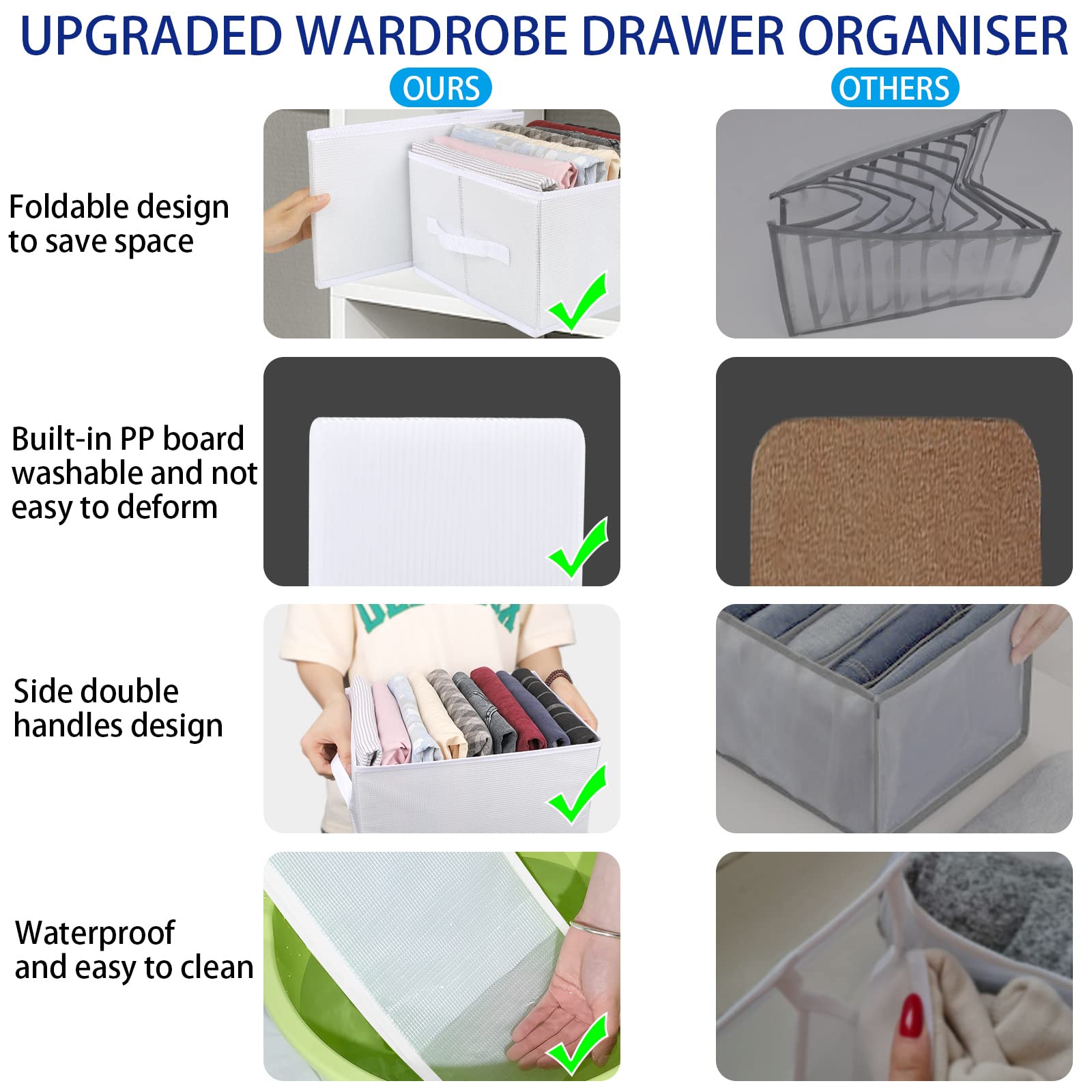 sprecenk Organizer Cassetti Armadio, 9 Griglie Divisori Cassetti Organizer er Jeans Scatola, 2PCS Pieghevole Scatole Portaoggetti Per Magliette, Pantaloncini, Gonne, Bianco
