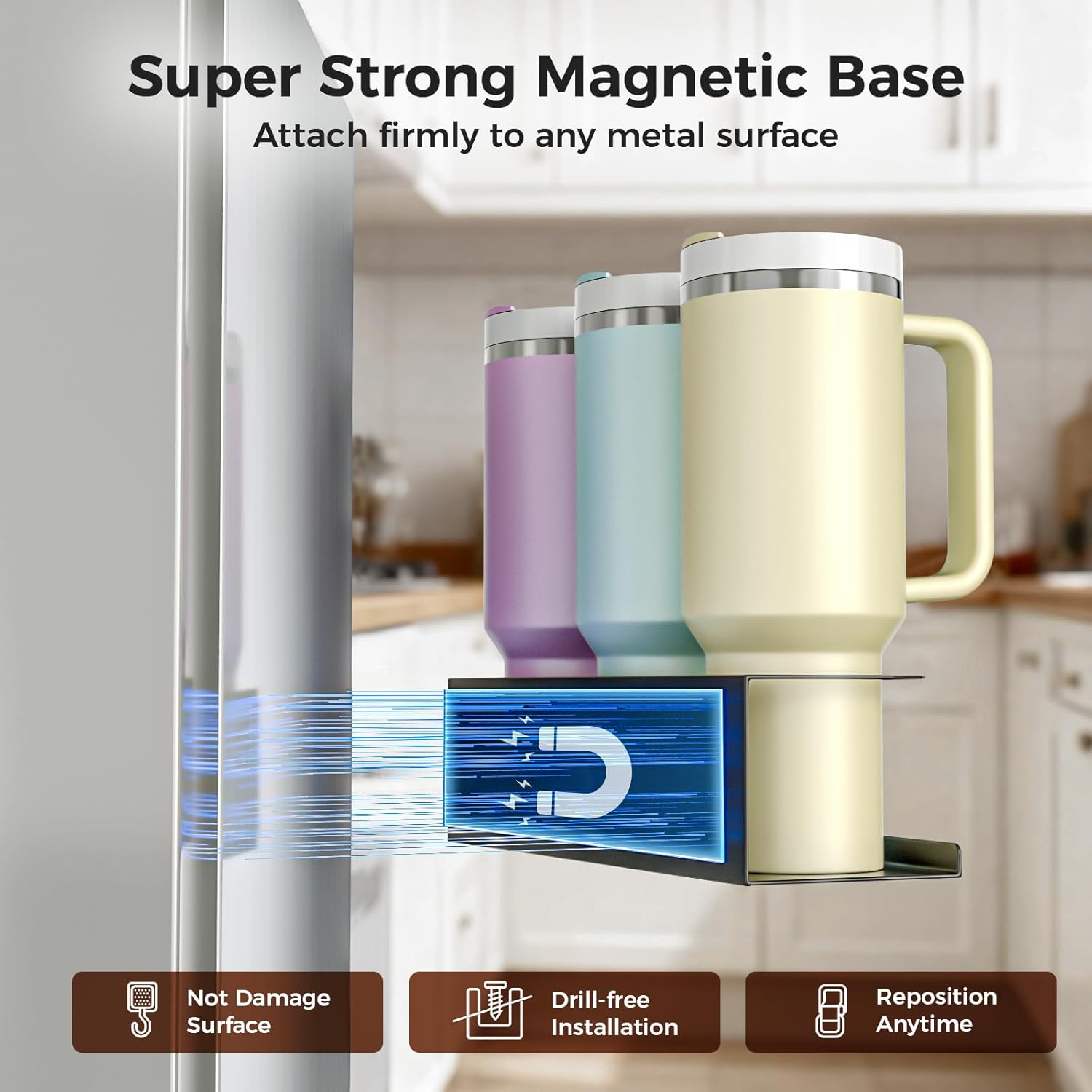 MoKo Magnetic Stanley Cup Holder for Fridge, 2 Pack Tumbler Organizer for Stanley 30/40oz, 3-in-1 Water Bottle Organizer with Lid & Straw Organizer, Kitchen Pantry Storage for Stanley Cup Accessories - Image 3