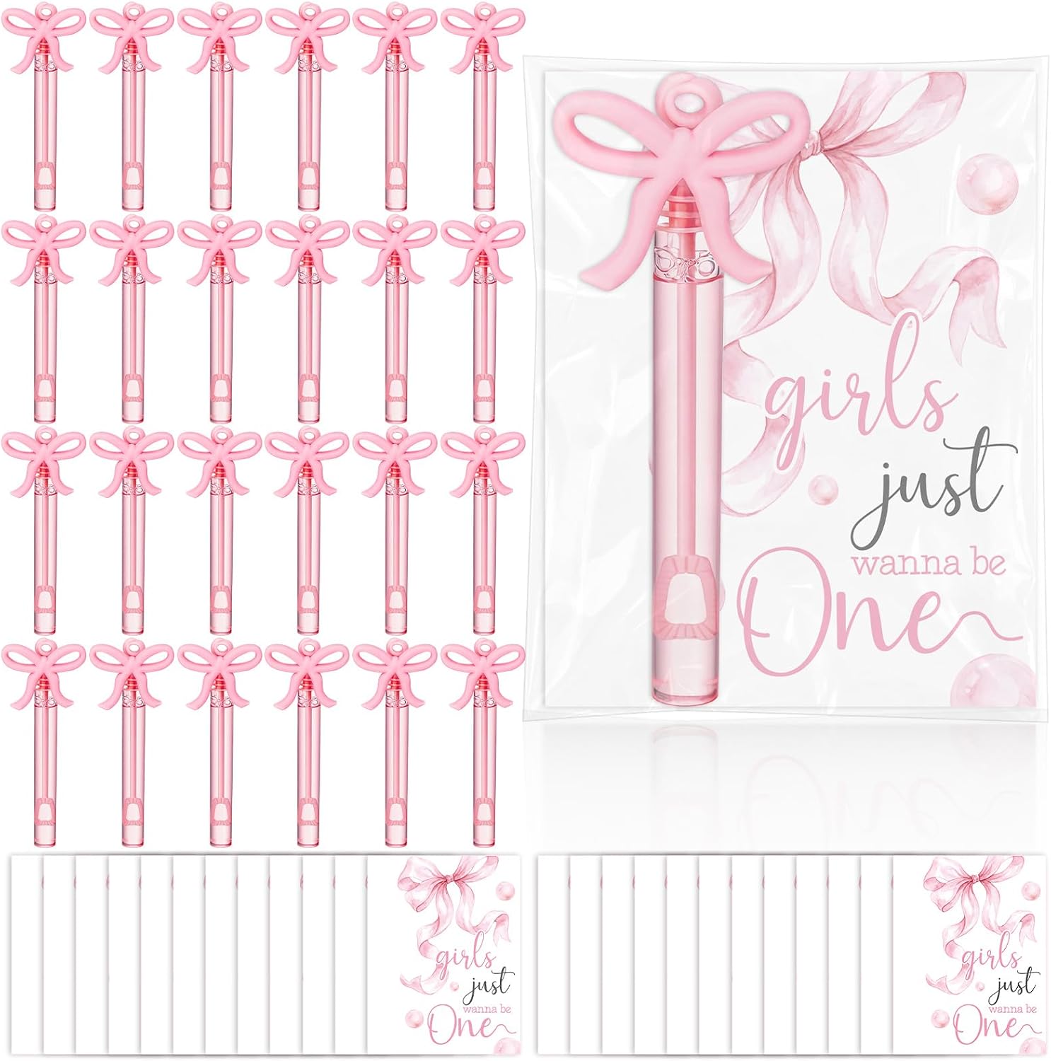 JellyArch 24 Pcs Party Bubble Wand Gift Set Includes Pink Bow Mini Bubble Wands Pink Coquette Bow Cards First Birthday Party Favors for Birthday Activities Supplies