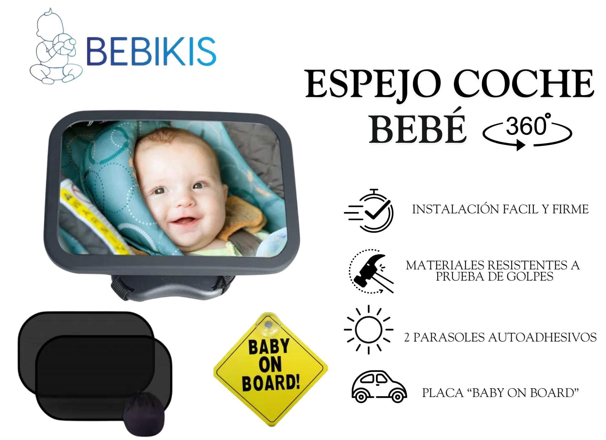 | BEBIKIS® SUPER PACK De Espejo Coche Para Bebe 100% IRROMPIBLE Para Asiento Trasero Con ROTACIÓN 360º + 2 Parasoles + Placa Baby On Board | Espejo Para Ver Al Bebé a Contramarcha En El Coche