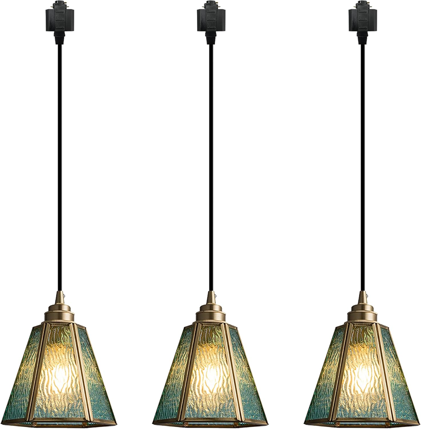 Kiven J-Type Track Lighting Pendants,Antiqued J Track Pendant Lights with Glass Lampshade,Decorative Track Lighting Fixture for Hallway Restaurant Kitchen Island(3-Light)