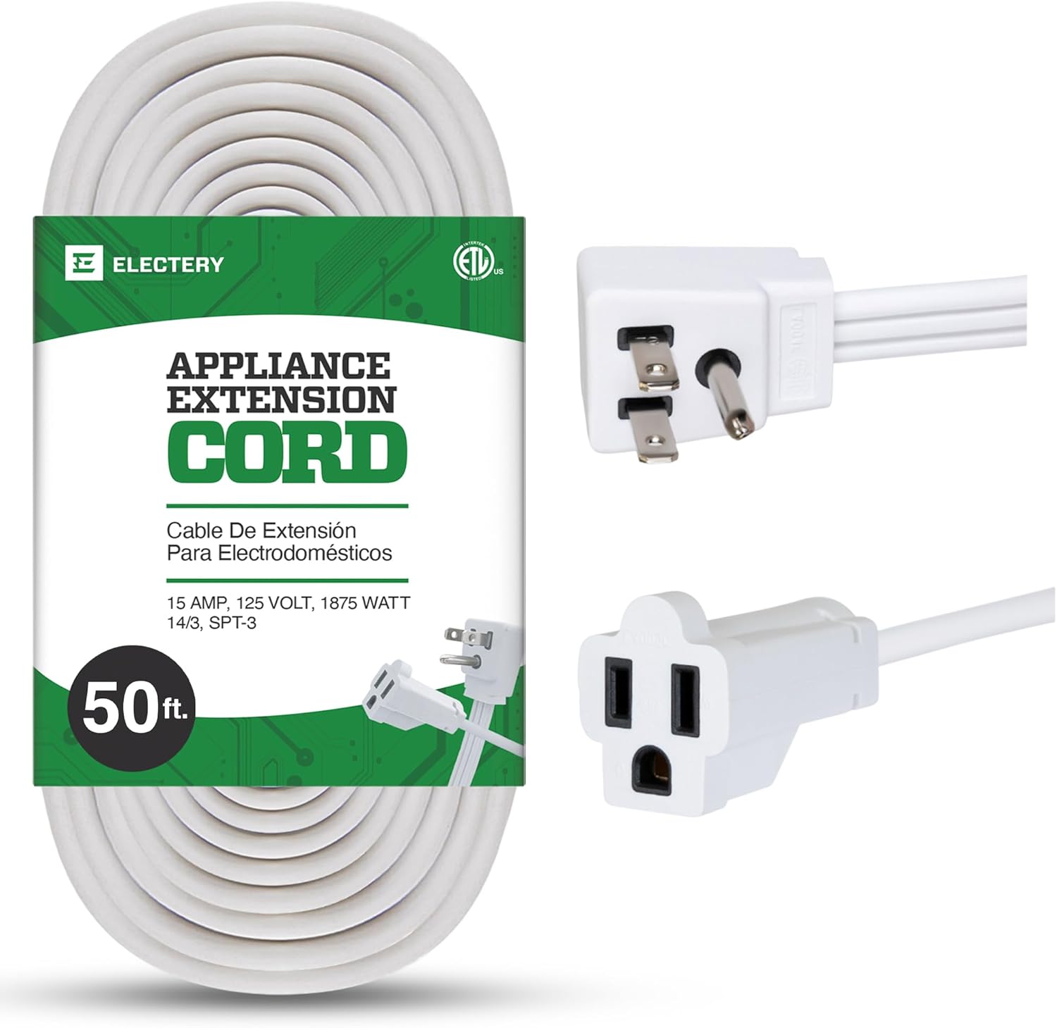 Heavy Duty Appliance Extension Cord, 14 AWG - 3 Prong Grounded Flat Plug, White Power Wire for Indoor Air Conditioner and All Major Appliances, 15 Amps, 1875W, ETL Listed. (50 Ft)
