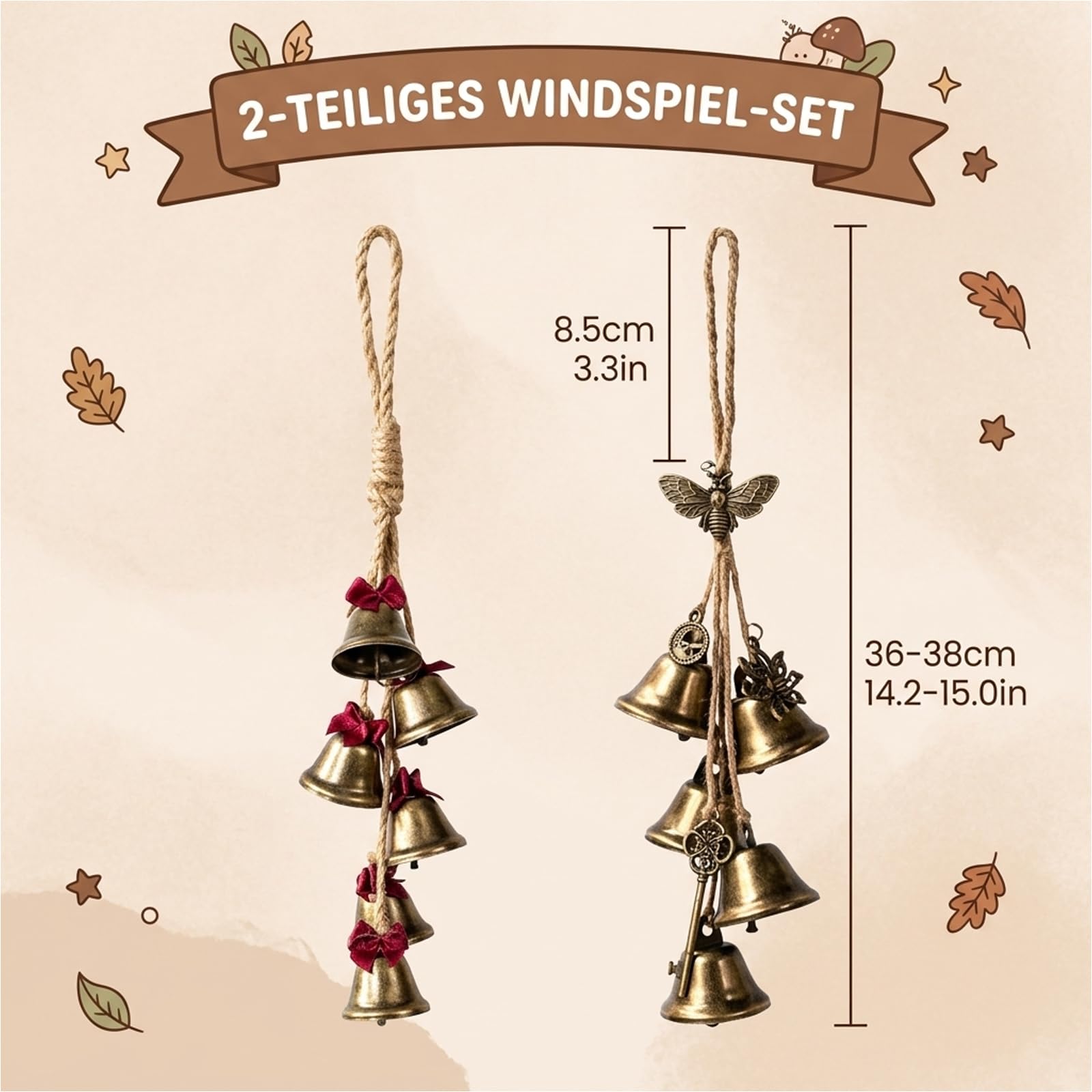 Windspiel Garten, Windspiele Für Draußen Hängend, 2er Set Windspiele Mit Roter Schleife Und Kupferfarbenem Motten Design, Dekoratives Klangspiel Für Terrasse Und Balkon