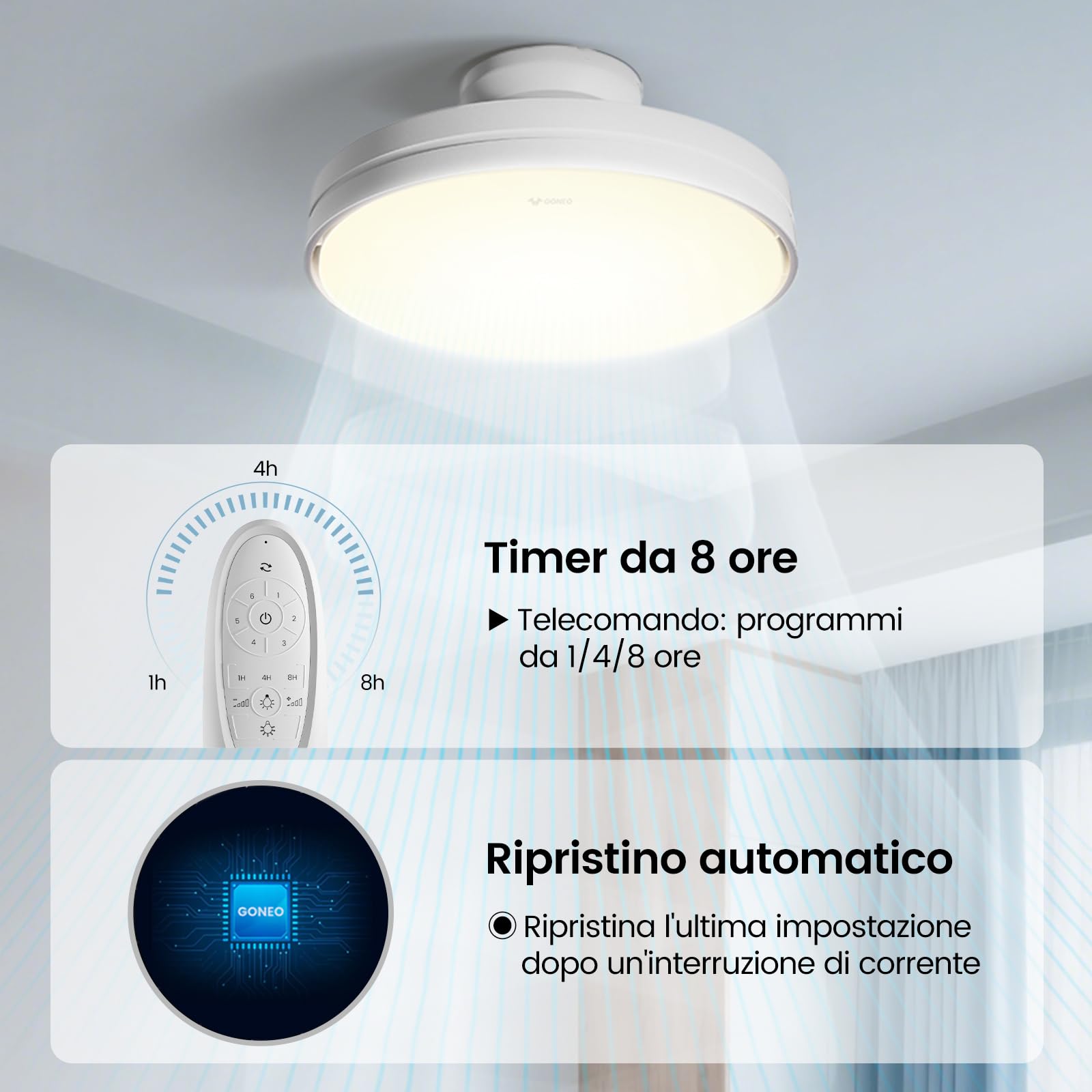 EMKE Ventilatore Da Soffitto Con Illuminazione E Telecomando, 3 Pale In Abs Bianco 6 Velocita Timer E Modalita Sonno 3 Colori Di Luce 94061209
