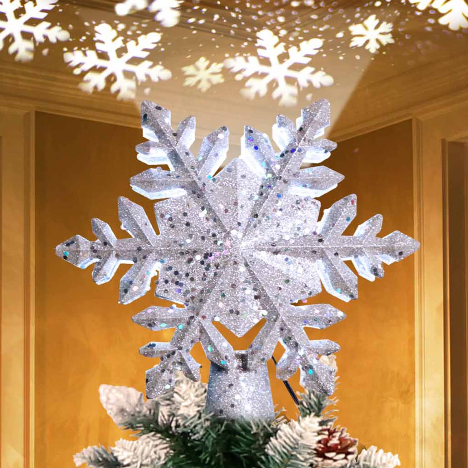 Jorunb Christmas Light Tree Topper Projector, 3D Hollow Sparkling Silver Snowflake Tree Topper with Rotating Magic Cool White Snowflake Projector for Christmas Tree Ornament