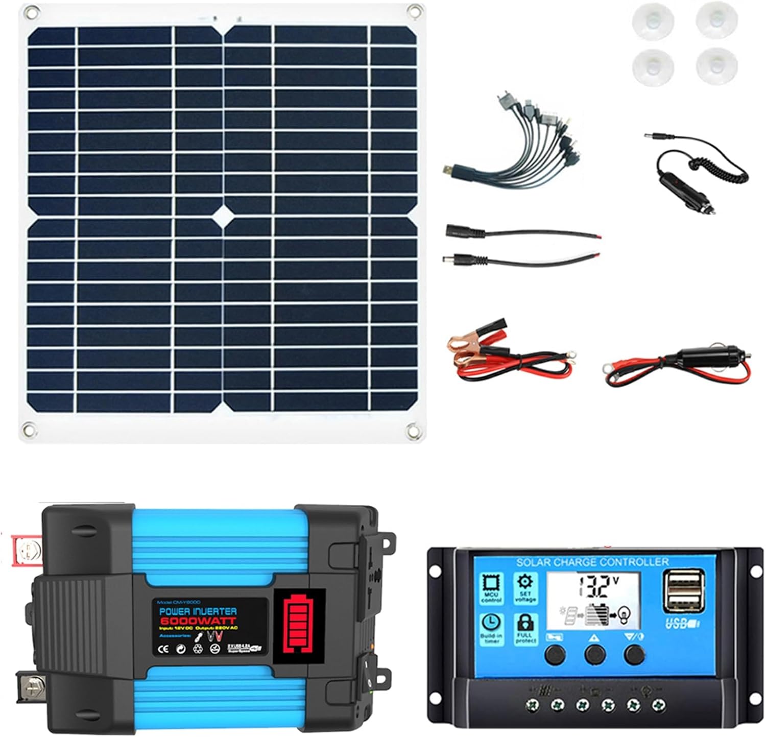4000W Complete Solar Inverter Kit - 12V to 110V/220V, 50A Controller & 50W Solar Panel, Perfect for Home & Outdoor Power Generation (6000W, 12V-110V)