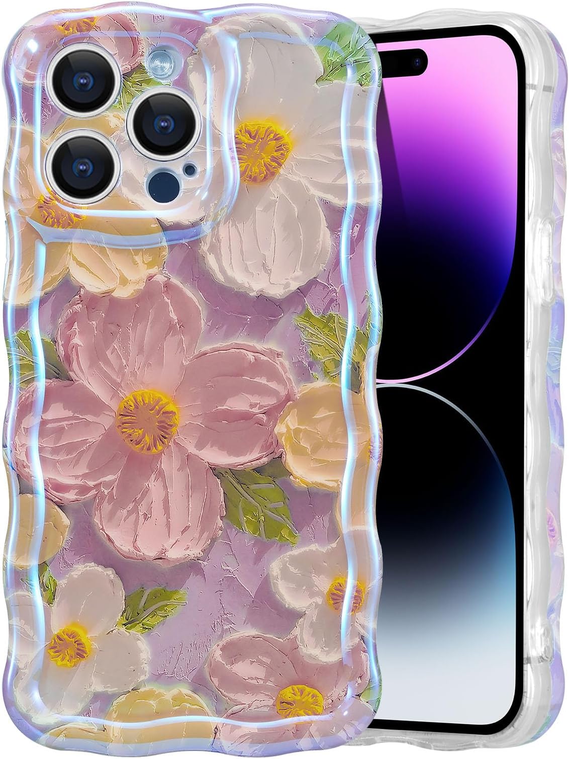 EYZUTAK Case for iPhone 14 Pro, Colorful Retro Oil Painting Flower Laser Beam Glossy Pattern Cute Curly Waves Border Exquisite Phone Cover Stylish Durable TPU Protective Case for Girls Women - Pink