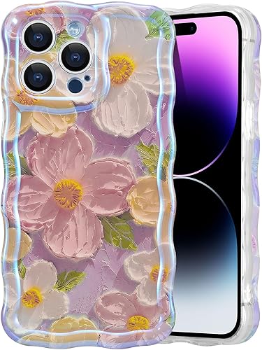 EYZUTAK - Funda protectora de TPU para iPhone 14 Pro Max, estilo retro colorido, diseño láser brillante de pintura al óleo, estampado floral, borde