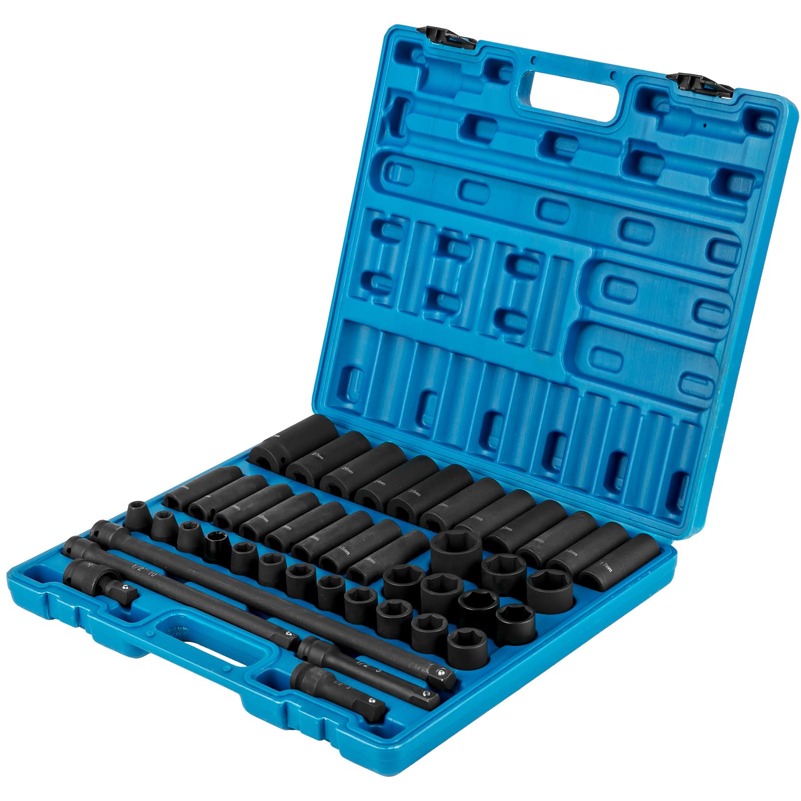 VEVOR Set di bussole a percussione 1/2 pollici Bussole a percussione da 43 pezzi, assortimento di bussole standard, Bussole a 6 punti metriche 9-30 mm (standard/profonda)