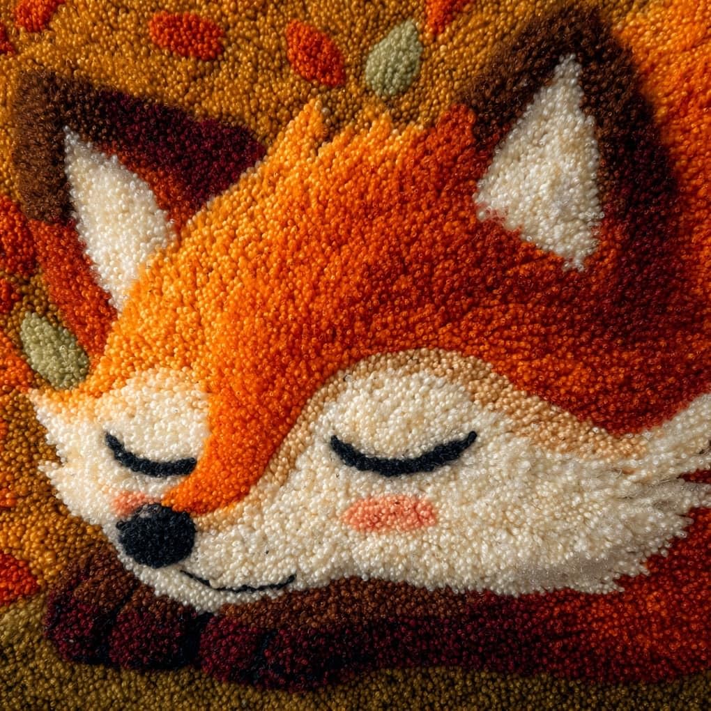 Henypt Latch Hook Pillow Craft Kit 43x43cm,Sleeping Fox 17x17 Inch,Complete Starter Kit with Tools and Yarn for Beginners & Craft Enthusiasts