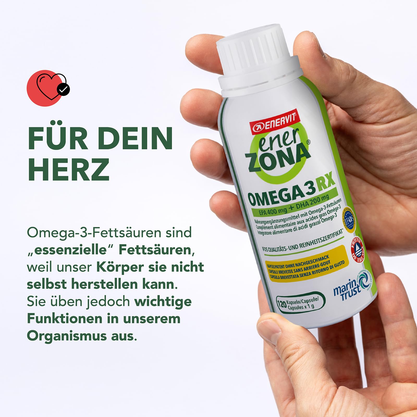 Enervit EnerZona Omega 3 RX – Ohne Nachgeschmack, IFOS-zertifiziert, Omega-3-Fettsäuren für Herzgesundheit, Fischöl-Kapseln,Glutenfrei, 120 Kapseln à 1 g