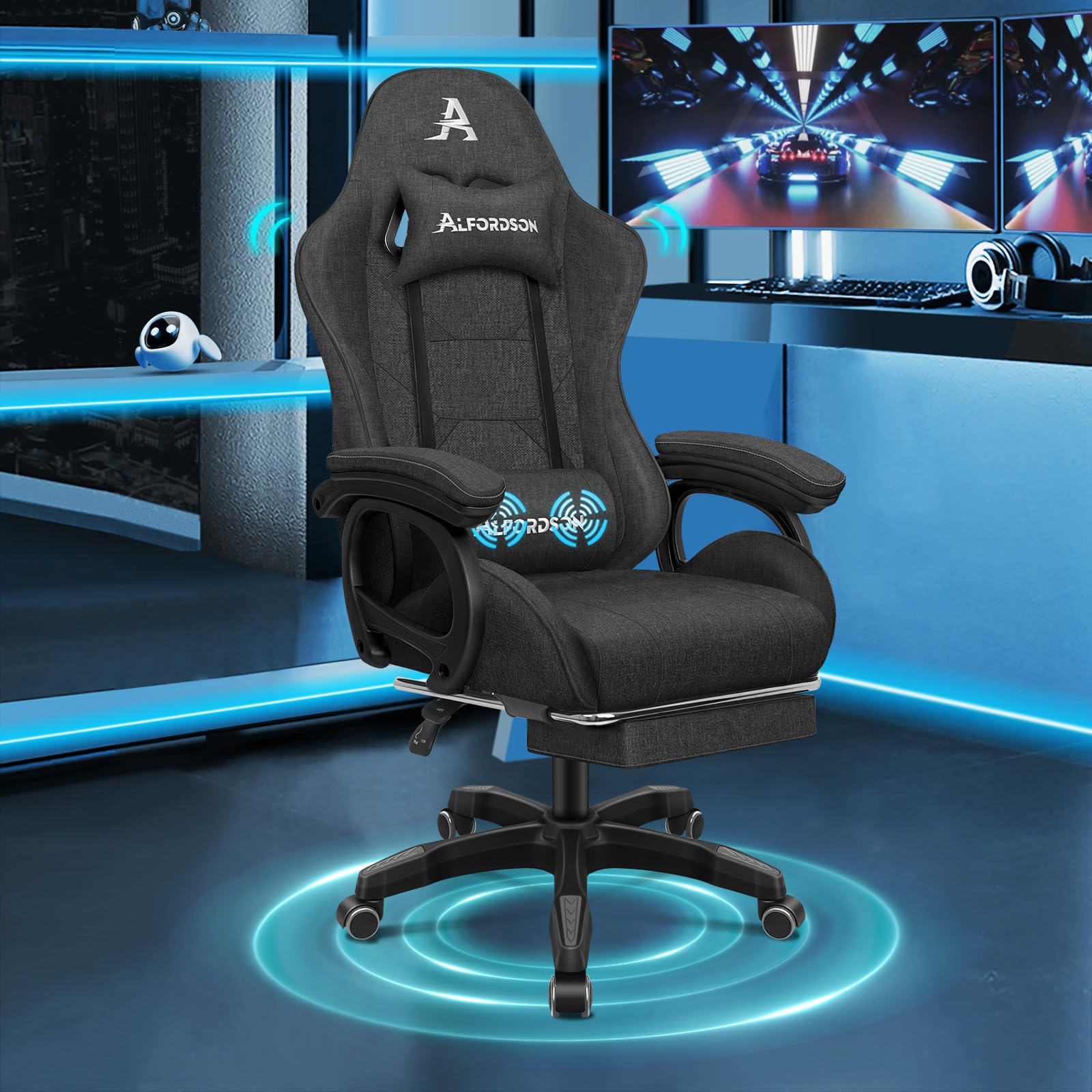 ALFORDSON Gamingstuhl, Bürostuhl, mit 2-Punkt-Massage, Fußstütze, Kopfstütze und Lendenkissen, 150° verstellbare Rückenlehne, Leinen Fabric, Dunkelgrau