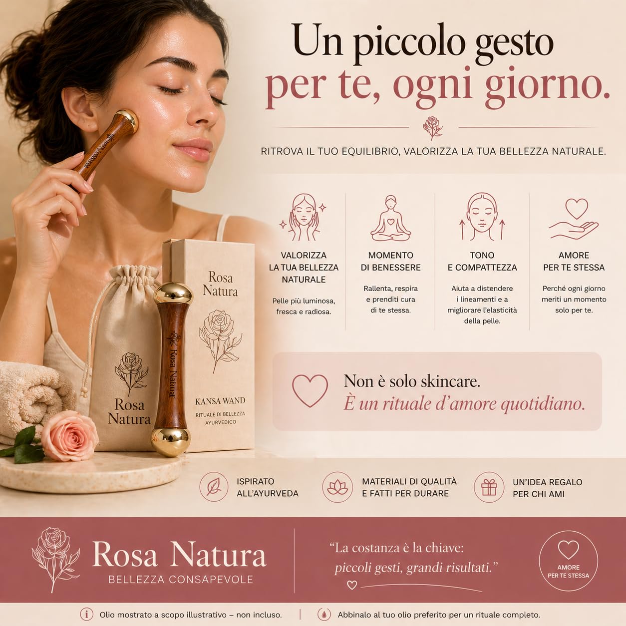 Kansa Wand Rosa Natura – Massaggiatore Viso Ayurvedico, Doppia Testa Bronzo e Teak, Effetto Lifting Naturale, Anti-Età, Pelle Luminosa e Distesa, Massaggio Viso e Collo